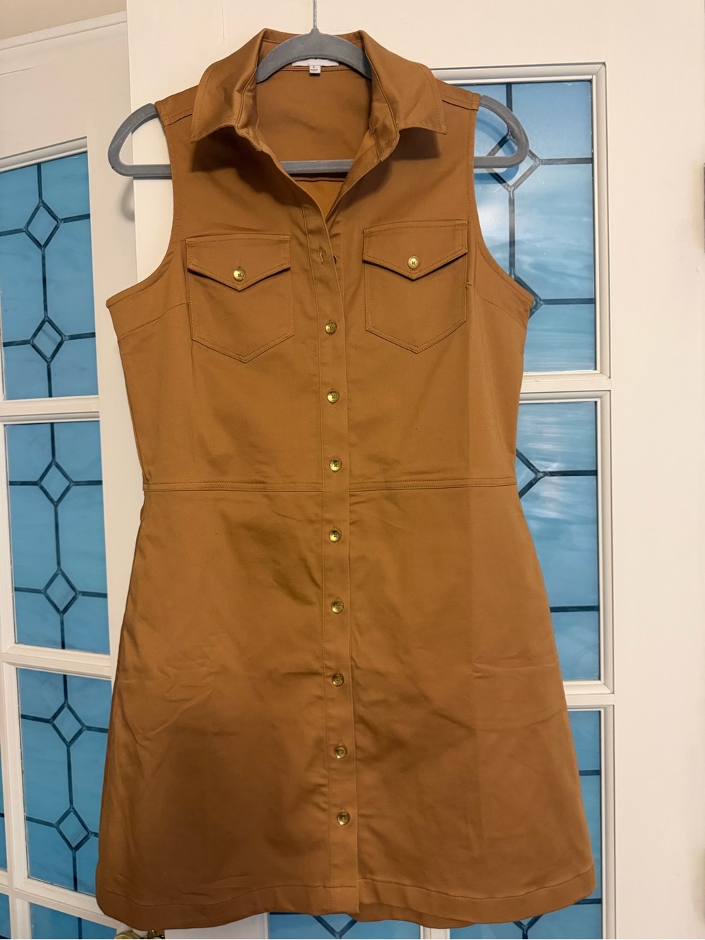 Sleeveless Button-Front Utility Dress in Caramel